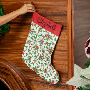 Rote und grüne, heilige Blätter und Beeren individ Großer Weihnachtsstrumpf