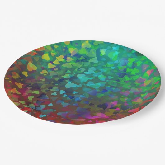 Rote und grüne herabfallende Herzen Pappteller (Schrägansicht)