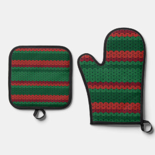 Rote und grüne Imitate Strick Streifen Ofenhandschuh & Topflappen-Set