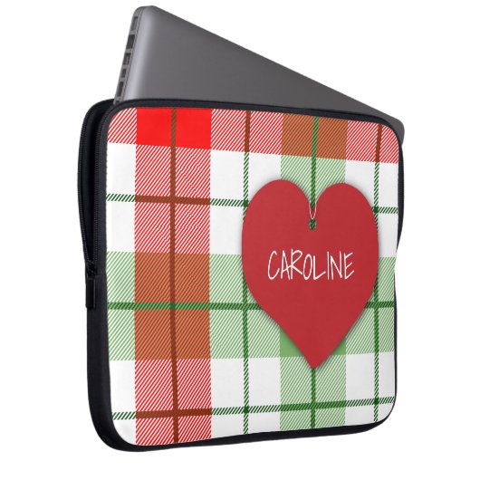 Rote und grüne karierte und Herz-Laptop-Hülse Laptopschutzhülle (Vorne Rechts)