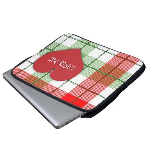 Rote und grüne karierte und Herz-Laptop-Hülse Laptopschutzhülle (Vorne Knopf)