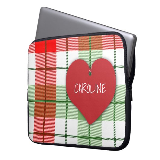 Rote und grüne karierte und Herz-Laptop-Hülse Laptopschutzhülle (Vorderseite Links)