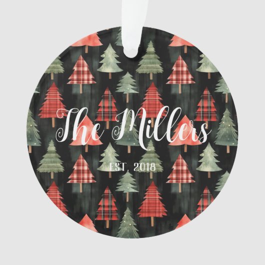 Rote und grüne Karierte Weihnachtsbäume auf Schwar Ornament (Vorderseite)