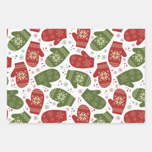 Rote und grüne Mitten mit Schneeflocken Weihnachte Geschenkpapier Set (Vorderseite 3)