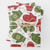 Rote und grüne Mitten mit Schneeflocken Weihnachte Geschenkpapier Set (Beispiel)