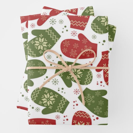 Rote und grüne Mitten mit Schneeflocken Weihnachte Geschenkpapier Set (Beispiel)