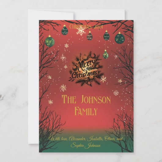 Rote und grüne Ornamente, Weihnachtskarten Einladung (Vorderseite)