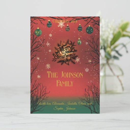 Rote und grüne Ornamente, Weihnachtskarten Einladung (Stehend Vorderseite)