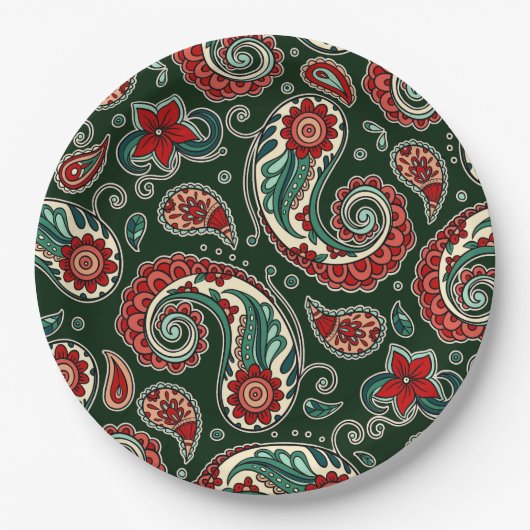 Rote und grüne Paisley-Papierplatten Pappteller (Vorderseite)