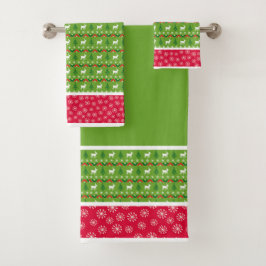 Rote und grüne Rentiere, Bäume, Schneeflocken Badhandtuch Set