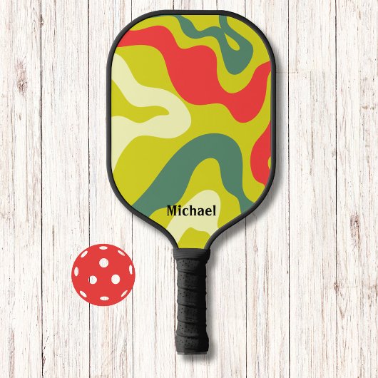 Rote und grüne Retrowellen Moderne Monogramme Pickleball Schläger