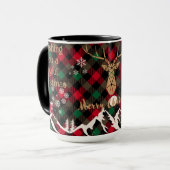 Rote und grüne rustikale Karierte Rentierweihnacht Tasse (Vorderseite Links)