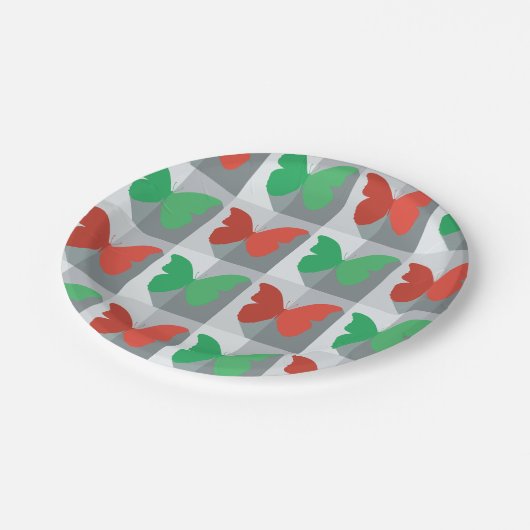 Rote und grüne Schmetterlinge Pappteller (Schrägansicht)