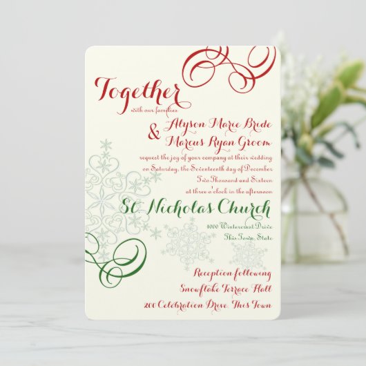 Rote und grüne Schneeflocke Einladung (Stehend Vorderseite)