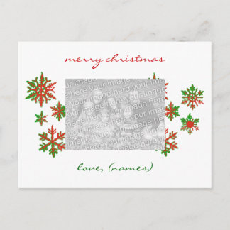 Rote und grüne Schneeflocken Foto Feiertagspostkarte