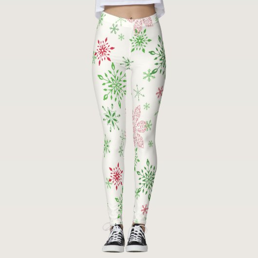Rote und grüne Schneeflocken Leggings (Vorderseite)