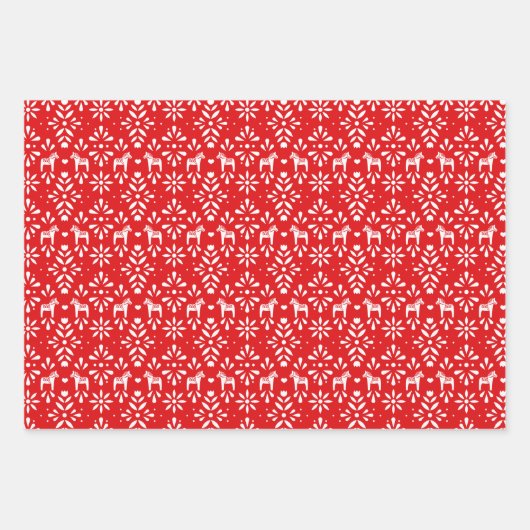 Rote und grüne Skandinavier Dala Horse Urlaub Geschenkpapier Set (Vorderseite)