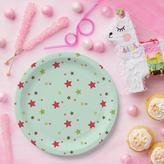 Rote und grüne Sterne und Punkte Pappteller (Party)