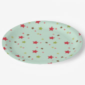 Rote und grüne Sterne und Punkte Pappteller (Schrägansicht)