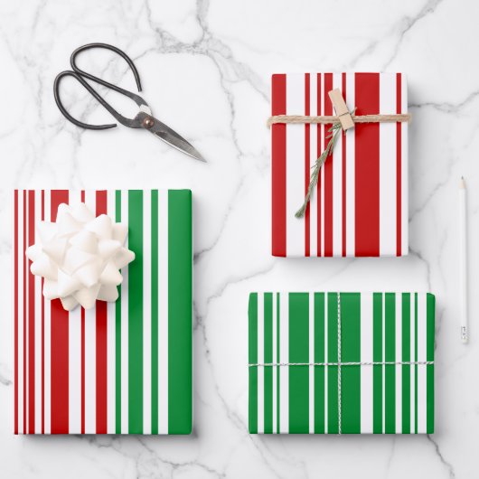 Rote und grüne Streifen Geschenkpapier Set (Vorderseite)
