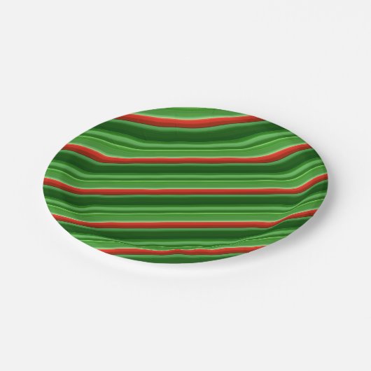 Rote und grüne Streifen Pappteller (Schrägansicht)