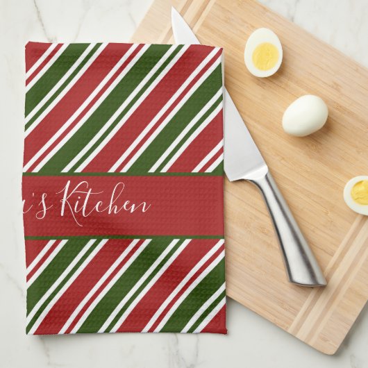 Rote und grüne Streifen Personalisierte Weihnachte Geschirrtuch (Viertel Falte)