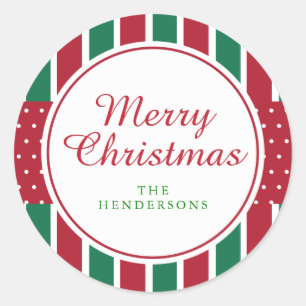 Rote und grüne Streifen und Weihnachtsferien Runder Aufkleber