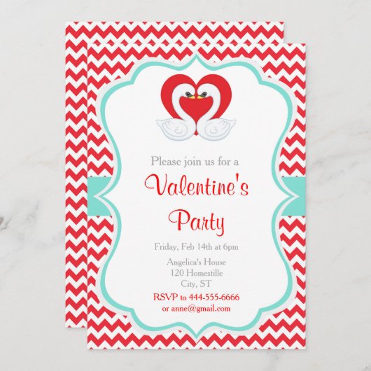 Rote und grüne Valentinschwäne Einladung (Vorne/Hinten)