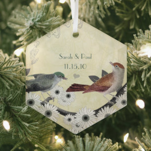 Rote und grüne Vintage-Vögel auf blühendem Ast Ornament Aus Glas