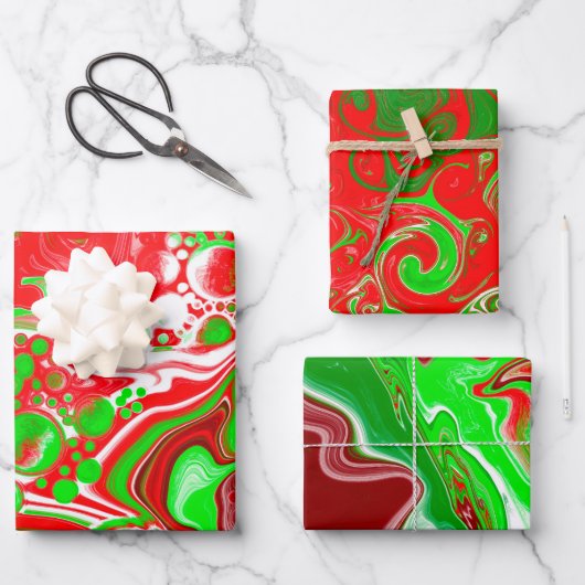 Rote und grüne Weihnachtsfische Wirbel Marmor Geschenkpapier Set (Vorderseite)