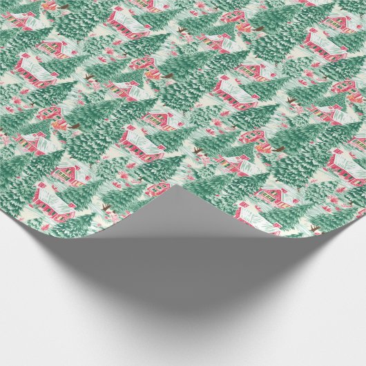 Rote und grüne Weihnachtshäuser Geschenkpapier (Ecke)