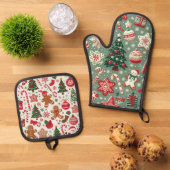 Rote und grüne Weihnachtsmuster Ofenhandschuh & Topflappen-Set (Oben Unten)
