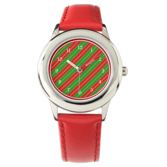 Rote und grüne Weihnachtsstreifen Armbanduhr (Vorderseite)