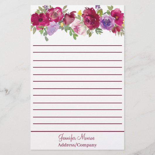 Rote und lila Aquarellfarben-Blume personalisiert Briefpapier (Vorderseite)