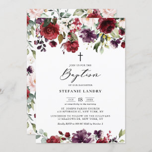 Rote und Lila Blume Wasserfarbe Taufe Einladung