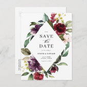 Rote und Lila Blumenrahmen Save the Date Ankündigungspostkarte (Vorne/Hinten)