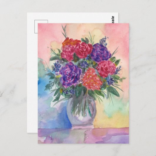 Rote und Lila Rose in Vase Postkarte (Vorne/Hinten)