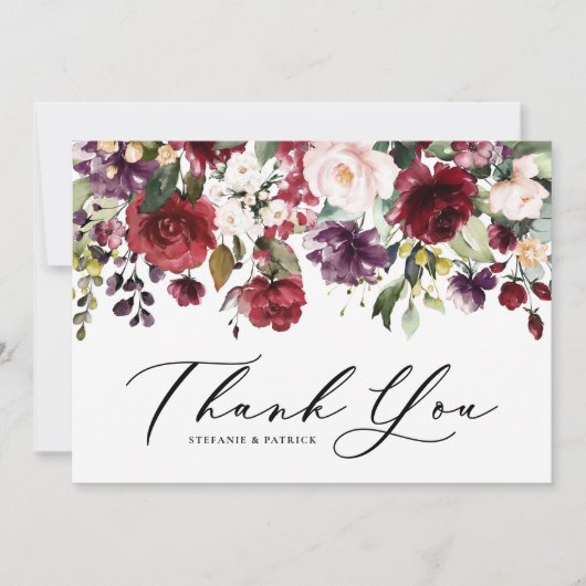 Rote und Lila Wasserfarben Blumengarten Hochzeit Dankeskarte (Vorderseite)