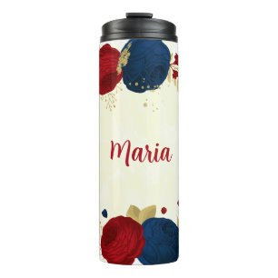 rote und marineblaue Blumen mit goldenen Blättern Thermosbecher