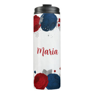 rote und marineblaue Blumen silber botanisch Thermosbecher