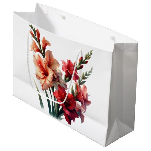 Rote und orange Gladiolen-Blumen Große Geschenktüte (Vorderseite Schrägansicht)