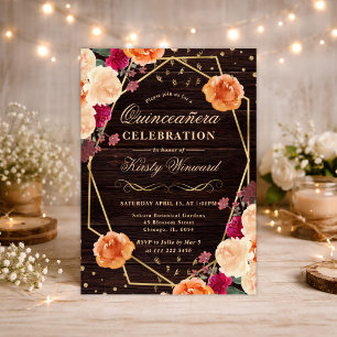 Rote und orange Herbstblumen Rahmen Quinceanera Einladung