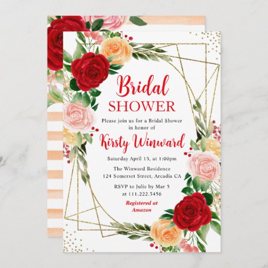 Rote und orange Rose und Gold-Rahmen-Brautparty Einladung (Vorne/Hinten)