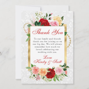 Rote und Orange Rosen Blumen Goldfolie Hochzeit Dankeskarte