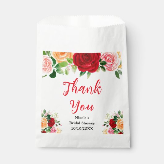 Rote und orange Rosen Brautdusche Danke Geschenktütchen (Vorderseite)