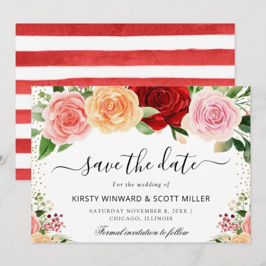 Rote und orange Rosen Sommerblumen Hochzeit Save The Date (Vorne/Hinten)