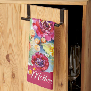 Rote und orange Wasserfarbe florale anpassbar Geschirrtuch