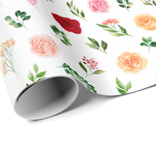 Rote und orangefarbene Blume mit Blattmuster Geschenkpapier (Rolleneckpunkt)