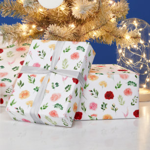 Rote und orangefarbene Blumen mit Blattmuster Geschenkpapier