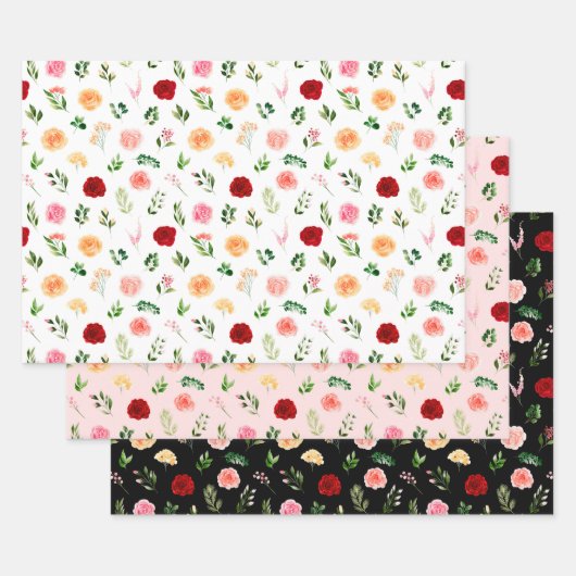 Rote und orangefarbene Blumen mit Blattmuster Geschenkpapier Set (Set)